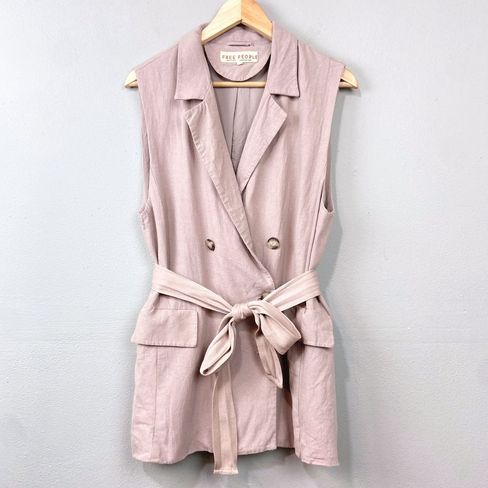 Free People Linen Blend Sleeveless Double Breasted Blazer Vest Size S Taupe Pink